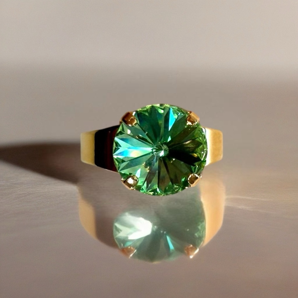 Handcrafted sparkly ring made with Swarovski peridot crystal adjustable fit